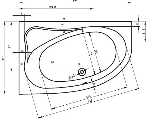 Ванна Riho Lyra 170x110 (левая, без ножек) - фото2