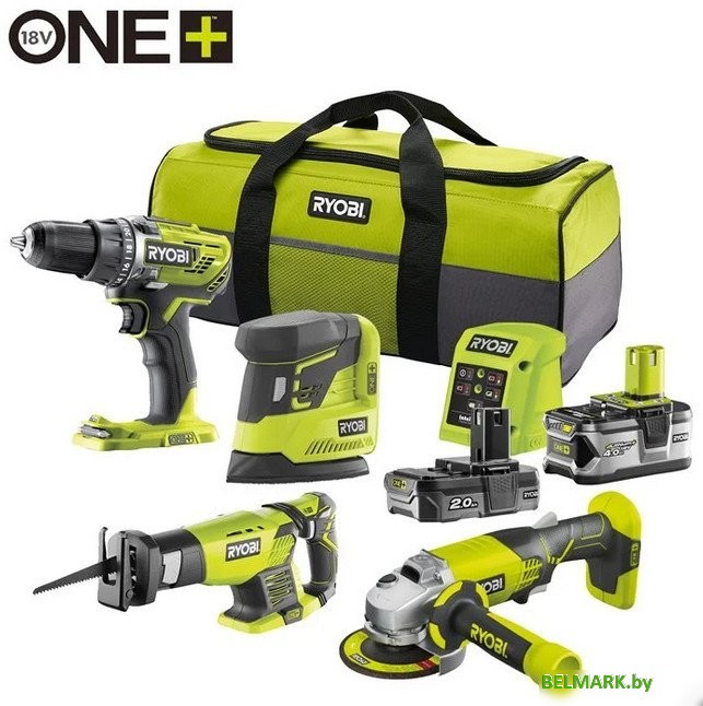 Ryobi R18CK4E-242S 5133004757 (шуруповерт, сабельная пила, болгарка, шлифмашина, 2 АКБ, сумка) - фото