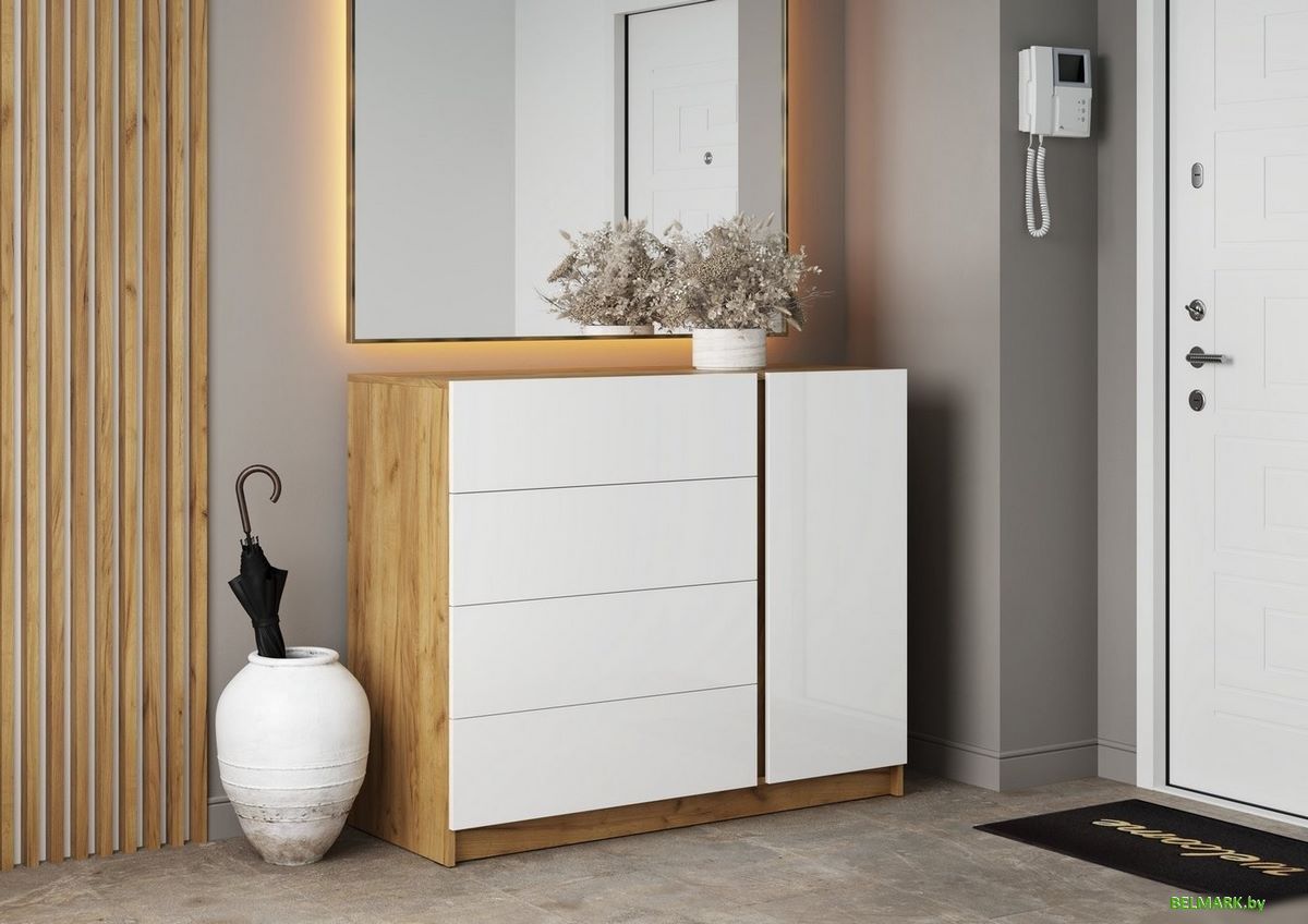 Комод МК Стиль Бостон КМ-001 МДФ (дуб крафт золотой /глянцевый белый) - фото