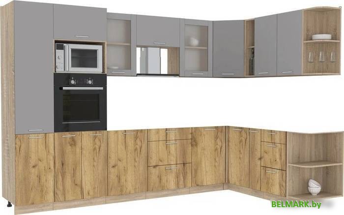 Готовая кухня Интерлиния Мила 1.88x3.2 правая без столешницы (серебристый/дуб золотой) - фото
