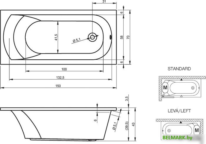 Ванна Riho Miami 150x70 (с ножками) - фото2