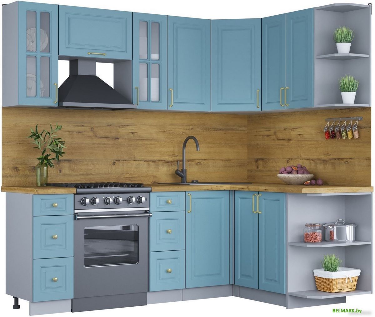 Готовая кухня Интерлиния Мила Шато 1.5x2.2 правая (океан/океан/дуб бунратти) - фото