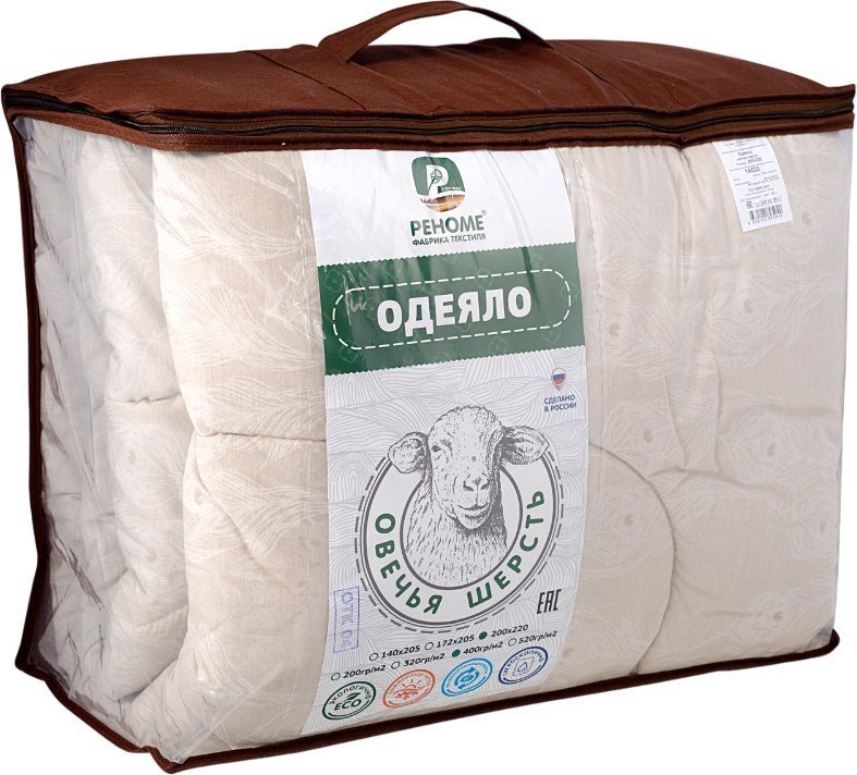 Одеяло Реноме 2сп Поплин бежевый 14/032БЖ 172x205 (овечья шерсть, 400) - фото