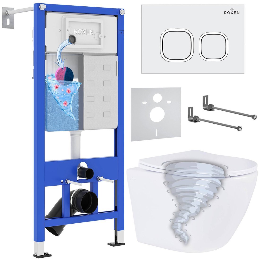 Унитаз подвесной Roxen Antares Tornado в комплекте с инсталляцией StounFix Dual Fresh 6 в 1 968358 (кнопка: белый глянцевый) - фото