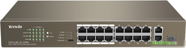 Неуправляемый коммутатор Tenda TEF1118P-16-150W - фото