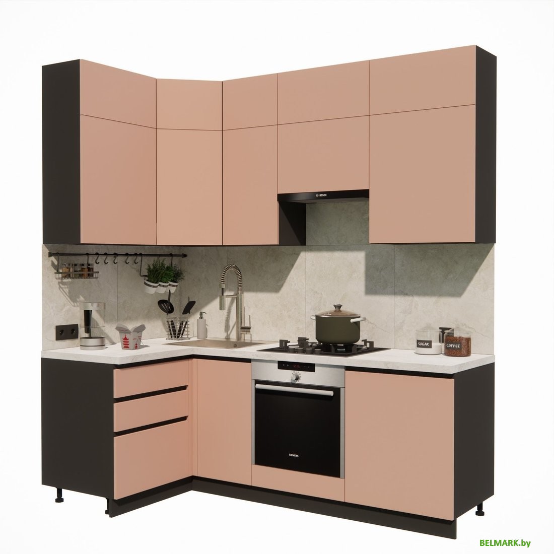 Готовая кухня ВерсоМебель Эко Премиум 1.2x2.2 левая (пудровый/ст. мрамор лацио) - фото