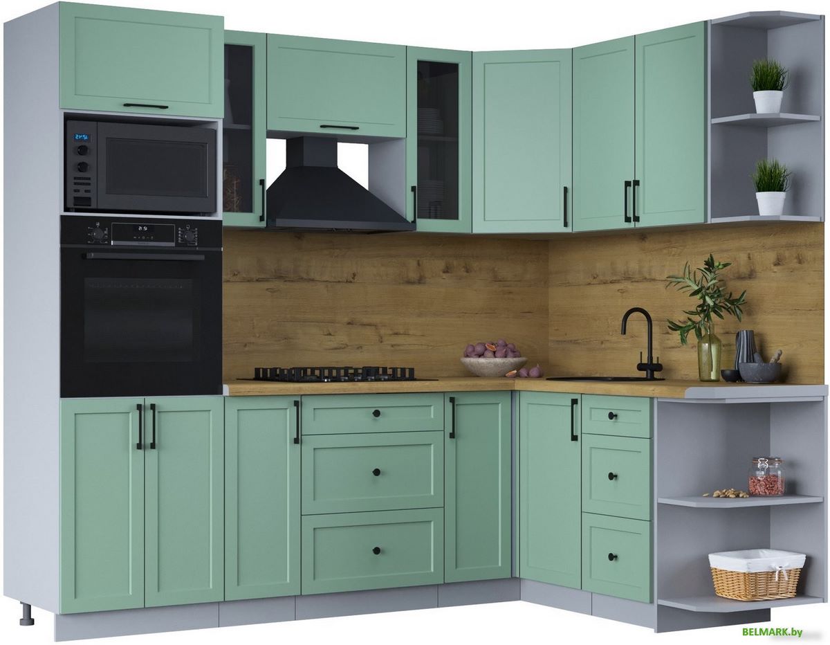 Готовая кухня Интерлиния Тренд 1.68x2.4 ВТ правая (мята/мята/дуб бунратти) - фото