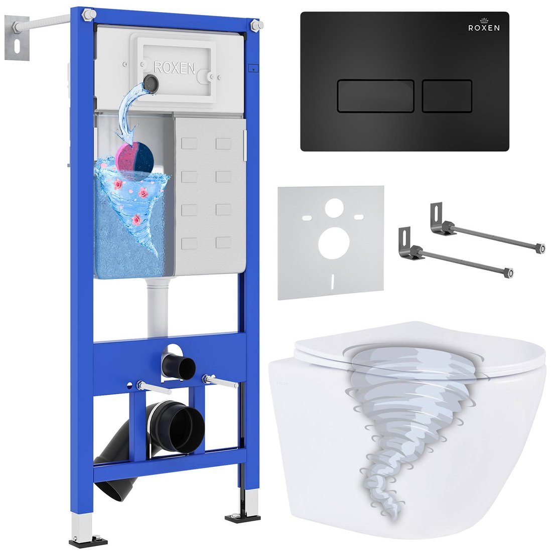 Унитаз подвесной Roxen Antares Tornado в комплекте с инсталляцией StounFix Dual Fresh 6 в 1 968313 (кнопка: черный матовый) - фото