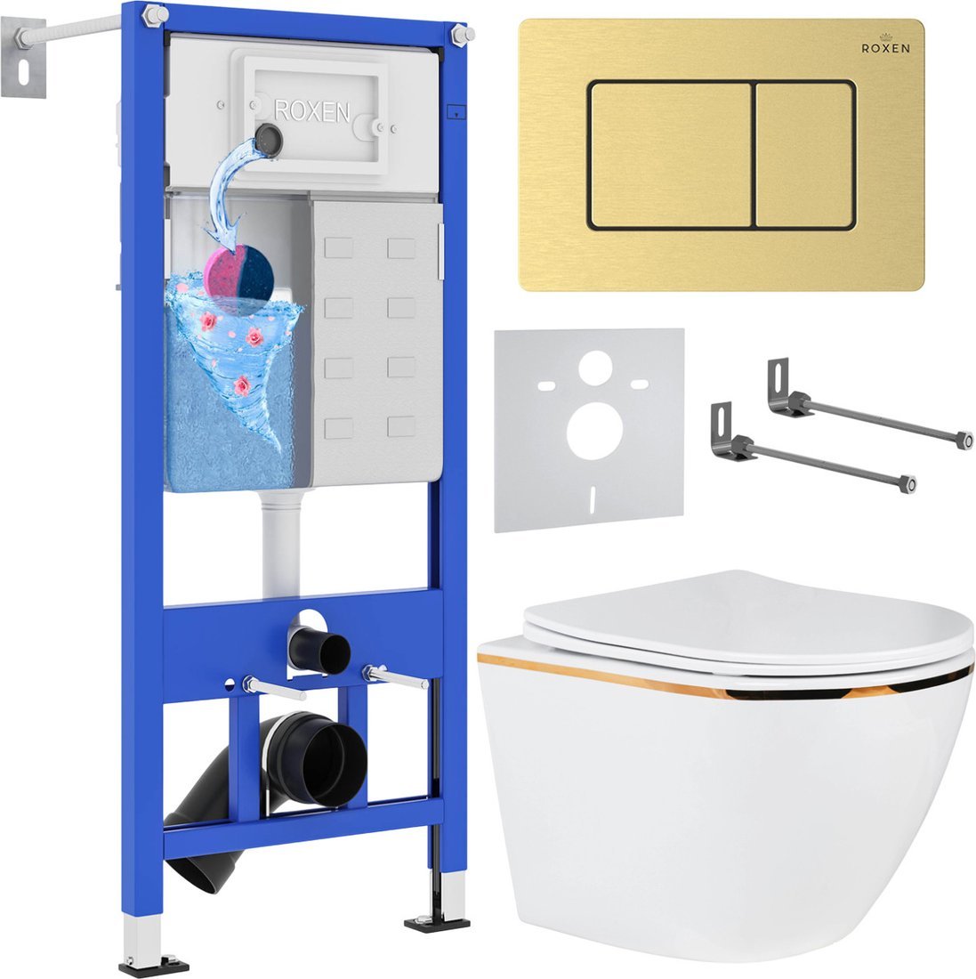 Унитаз подвесной Roxen Antares Gold в комплекте с инсталляцией StounFix Dual Fresh 6 в 1 968460 (кнопка: брашированное золото) - фото