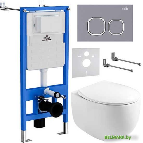 Унитаз подвесной Roxen Egg в комплекте с инсталляцией StounFix Dual Fresh 6 в 1 966436 (кнопка: серый бетон) - фото