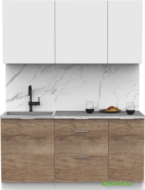 Готовая кухня Интермебель Микс Топ-2 1.6м (белый премиум/дуб каньон/мрамор лацио белый) - фото