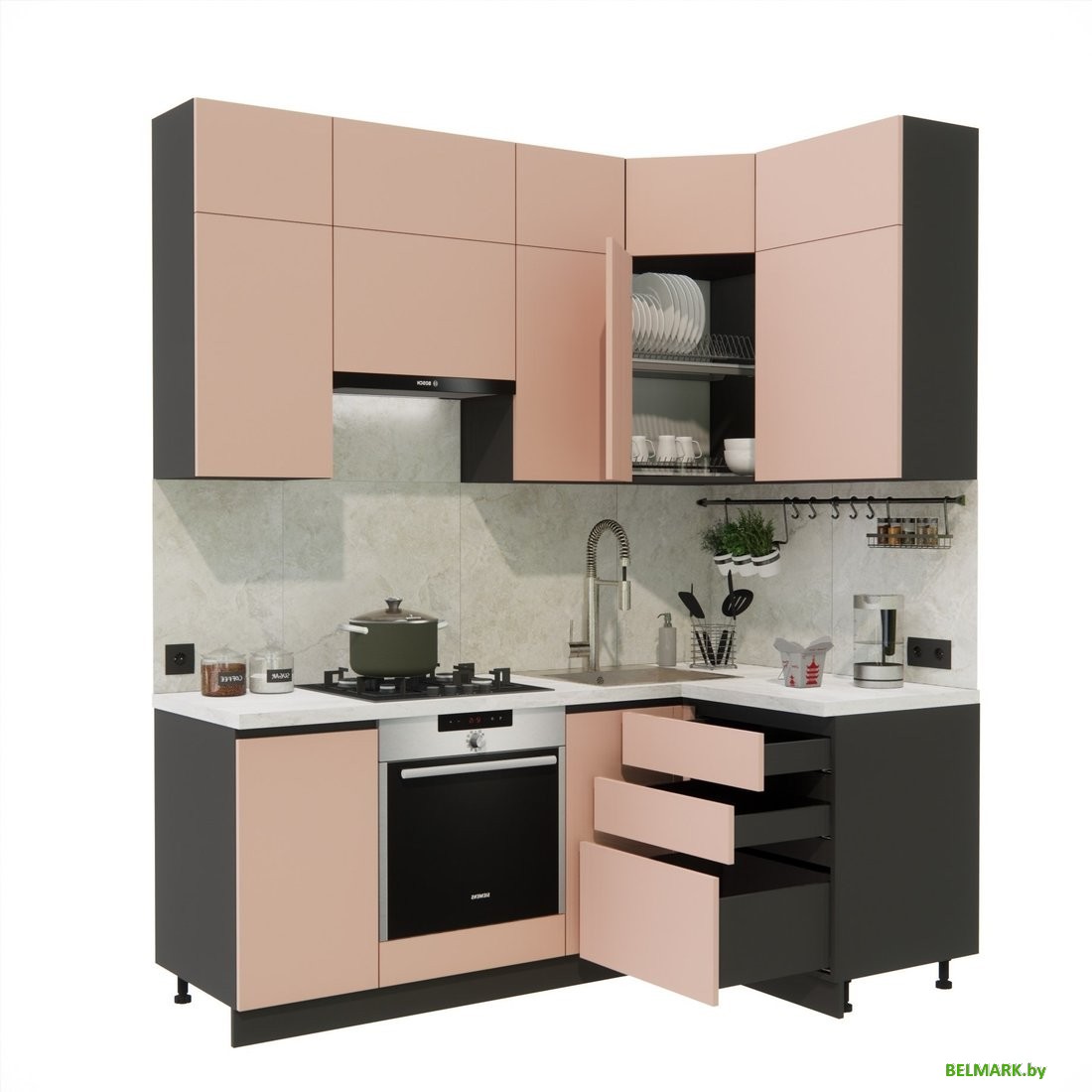Готовая кухня ВерсоМебель Эко Премиум 1.2x2.0 правая (пудровый/ст. мрамор лацио) - фото