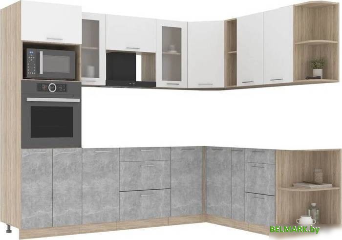 Готовая кухня Интерлиния Мила 1.88x2.6 правая без столешницы (белый платинум/бетон) - фото