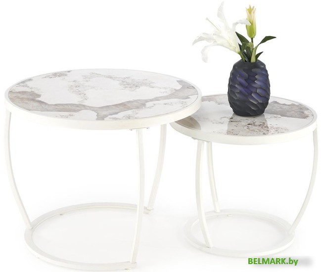 Журнальный столик Halmar Ines, 2 стола (бежевый мрамор/белый) - фото