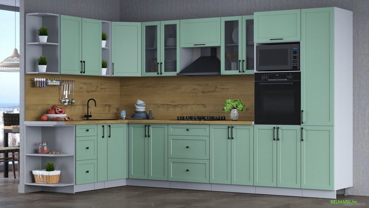 Готовая кухня Интерлиния Тренд 1.88x3.4 ВТ левая (мята/мята/дуб бунратти) - фото2