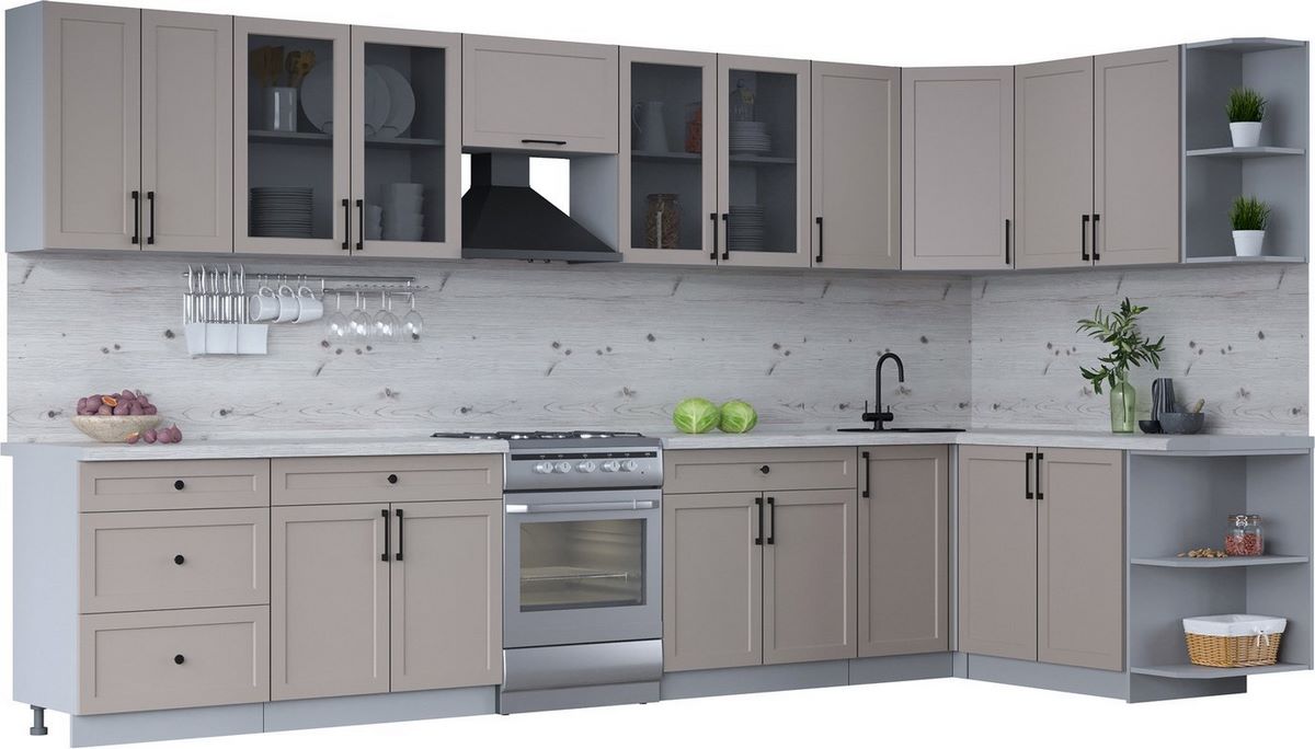 Готовая кухня Интерлиния Тренд 1.7x3.8 правая (луна/луна/бискайская сосна) - фото