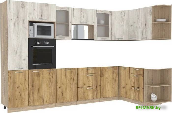 Готовая кухня Интерлиния Мила 1.68x3.2 правая без столешницы (дуб белый/дуб золотой) - фото