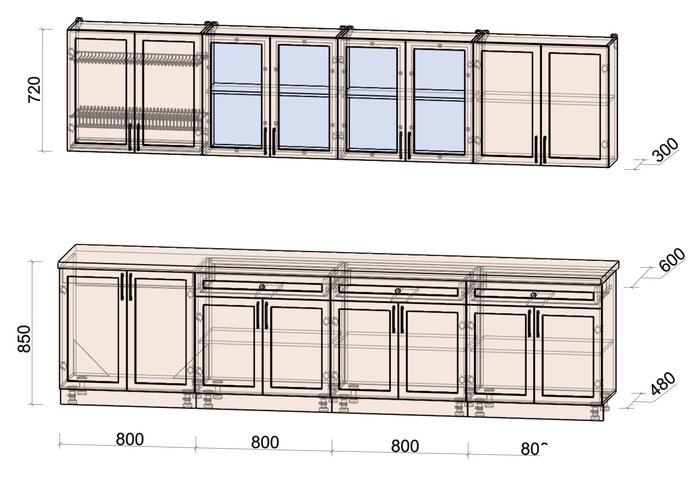 Готовая кухня Интерлиния Тренд 3.2А (луна/луна/бискайская сосна) - фото2