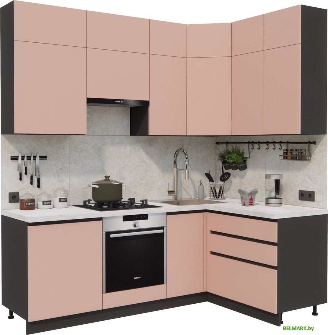 Готовая кухня ВерсоМебель Эко Премиум 1.4x2.2 правая (пудровый/ст. мрамор лацио) - фото