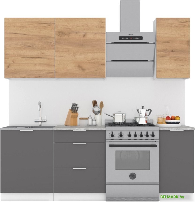 Готовая кухня Интермебель Микс Топ-2 1.6м (дуб крафт золотой/графит серый/мрамор лацио белый) - фото