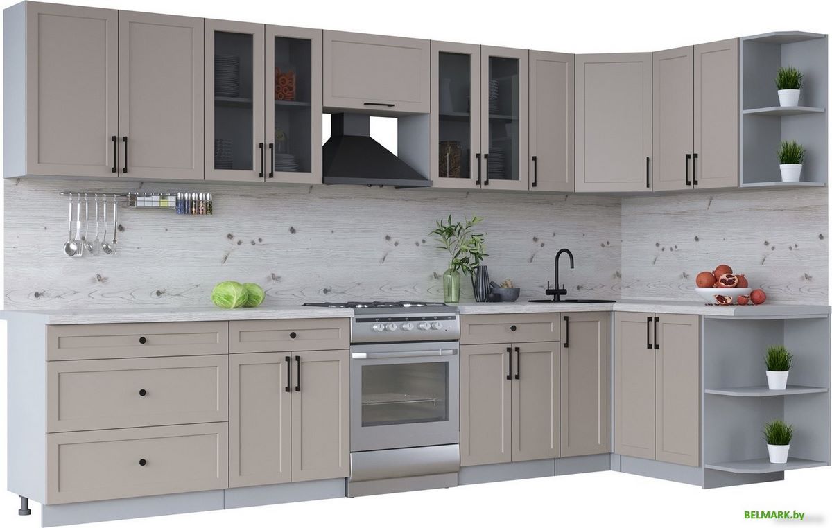 Готовая кухня Интерлиния Тренд 1.5x3.5 правая (луна/луна/бискайская сосна) - фото