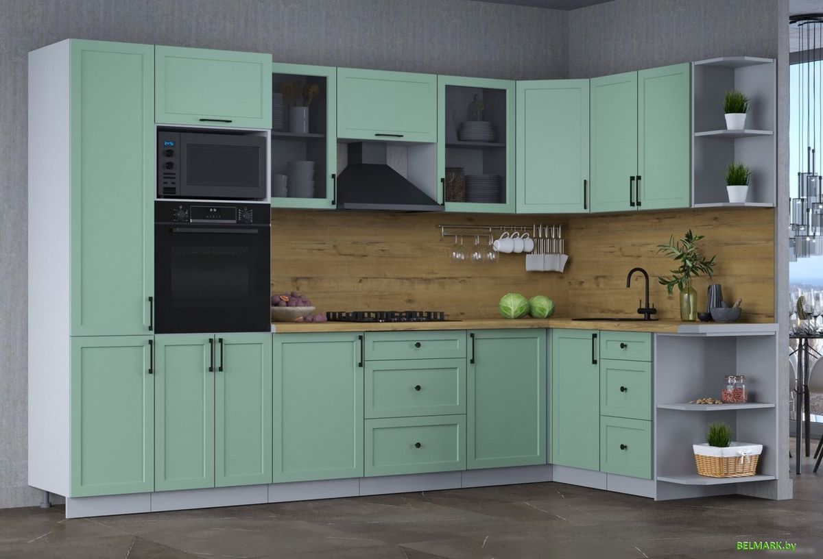 Готовая кухня Интерлиния Тренд 1.68x3.2 ВТ правая (мята/мята/дуб бунратти) - фото2
