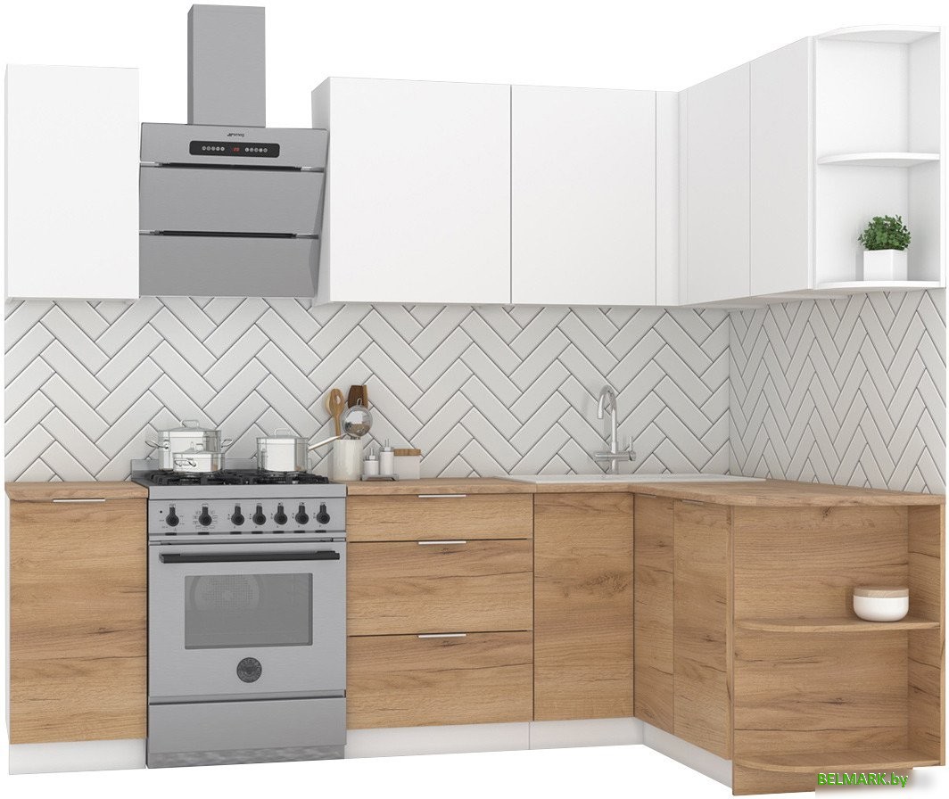 Готовая кухня Интермебель Микс Топ-11 1.9x1.5м правая (белый премиум/дуб крафт золотой/венато) - фото