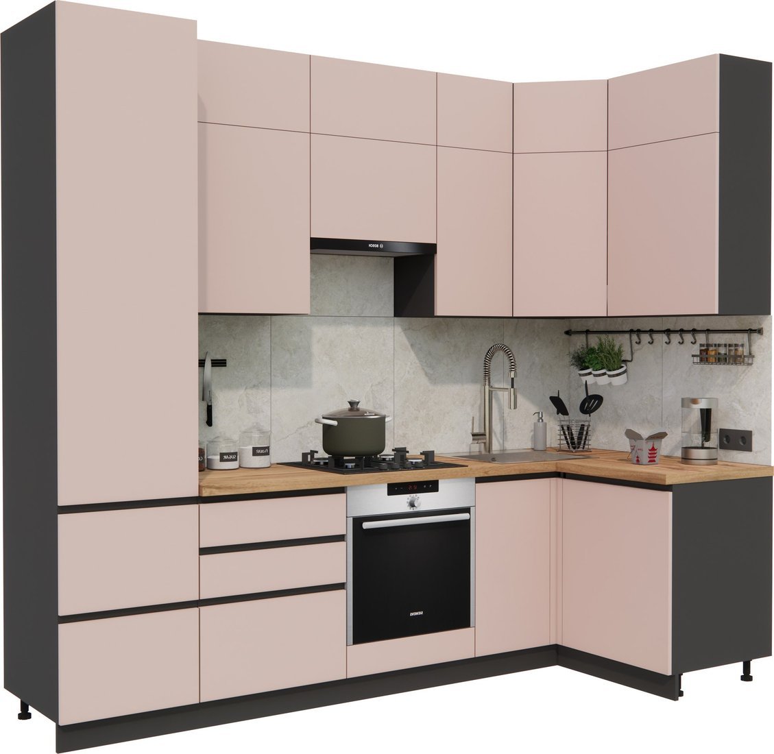 Готовая кухня ВерсоМебель Эко Премиум 1.2x2.7 правая (пудровый/ст. дуб вотан) - фото