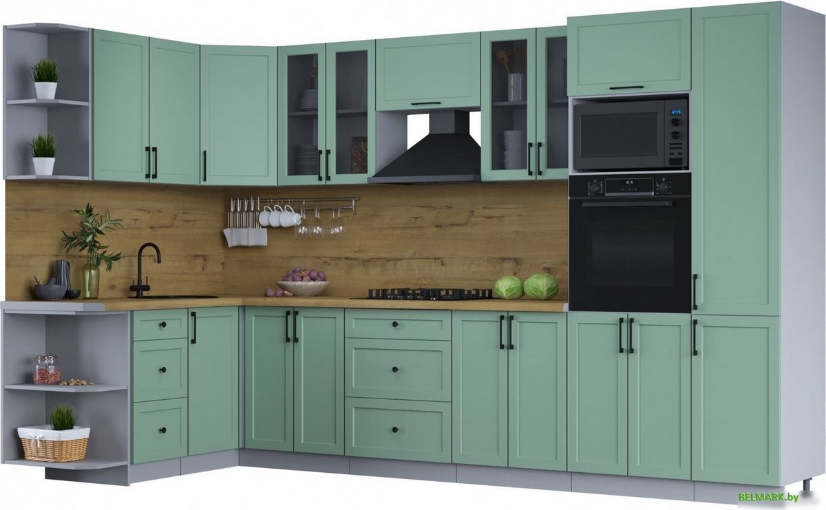 Готовая кухня Интерлиния Тренд 1.68x3.4 ВТ левая (мята/мята/дуб бунратти) - фото