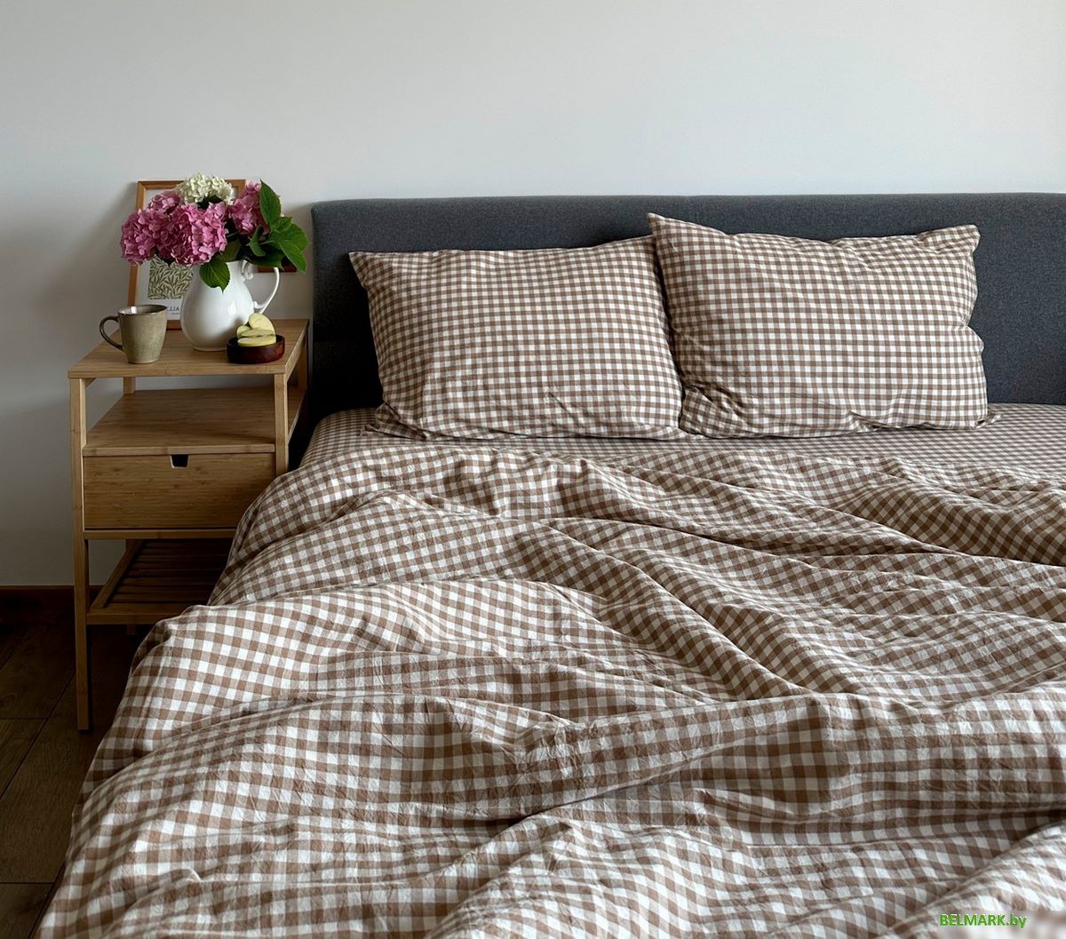 Постельное белье Царство сновидений Вареный хлопок Бежевая клетка 150-0145 (евро с прост. на рез. 180х200,нав. 70x70) - фото