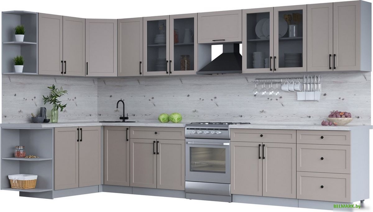 Готовая кухня Интерлиния Тренд 1.7x3.8 левая (луна/луна/бискайская сосна) - фото