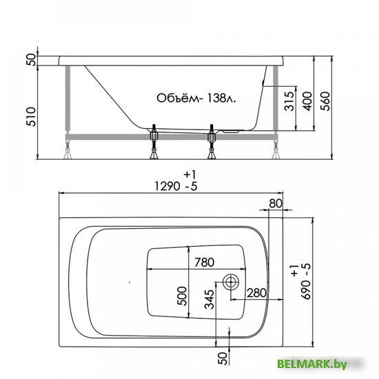 Ванна 1AcReal Gamma 130x70 (с ножками и экраном) - фото2