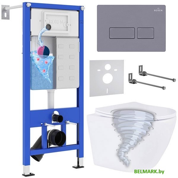 Унитаз подвесной Roxen Antares Tornado в комплекте с инсталляцией StounFix Dual Fresh 6 в 1 968330 (кнопка: серый бетон) - фото