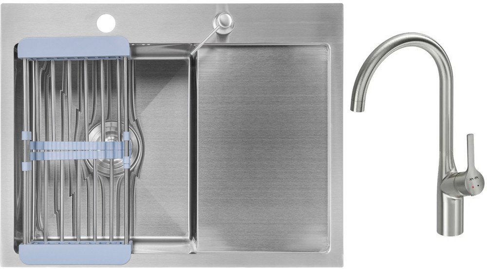 Кухонная мойка Saniteco 6550-L + Spike F9S07011 (сатин, с сифоном, дозатором и коландером) - фото