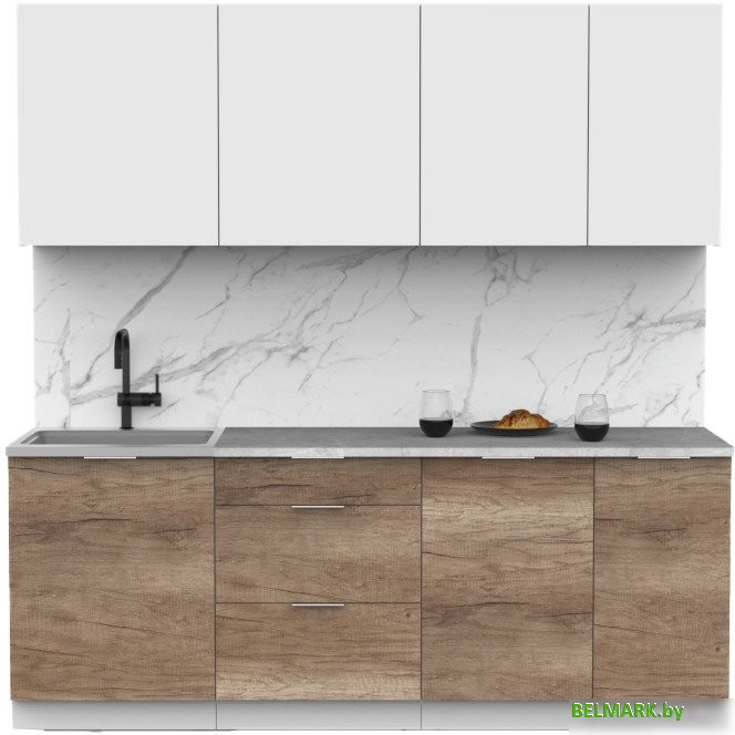 Готовая кухня Интермебель Микс Топ-6 2.1м (белый премиум/дуб каньон/мрамор лацио белый) - фото