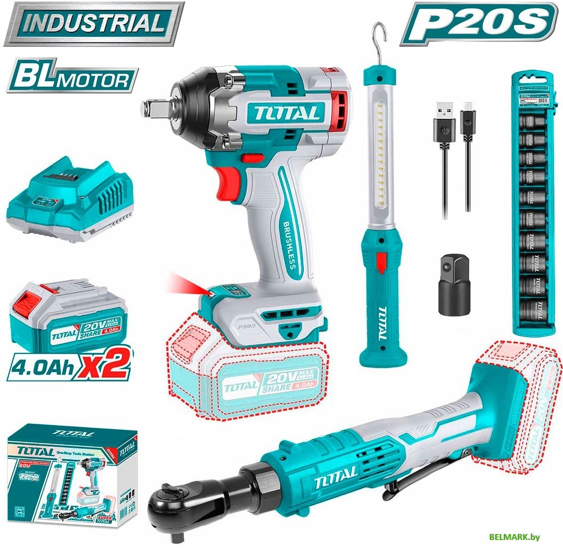 Total TOSLI240461 (гайковерт, трещотка, фонарь, 2 АКБ) - фото