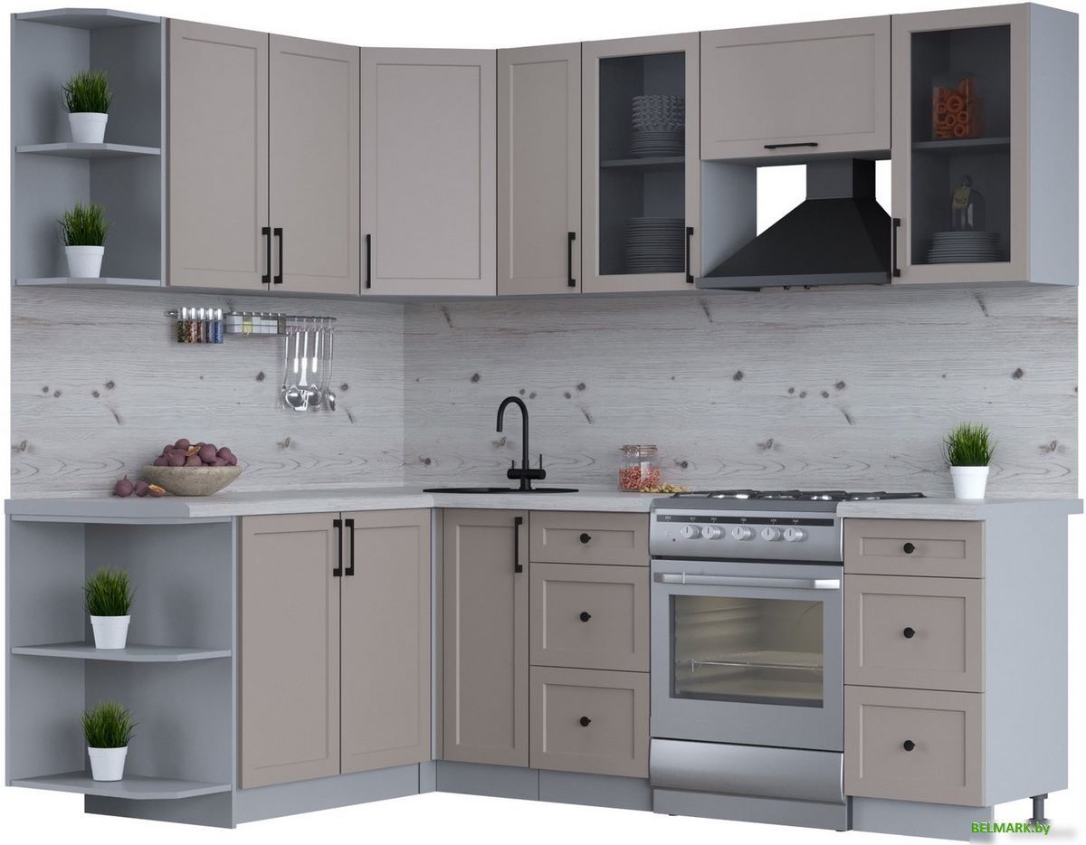 Готовая кухня Интерлиния Тренд 1.7x2.3 левая (луна/луна/бискайская сосна) - фото