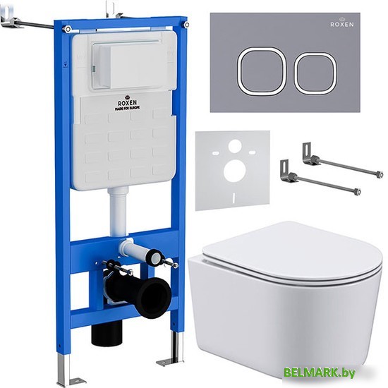 Унитаз подвесной Roxen Simple Compact в комплекте с инсталляцией StounFix Dual Fresh 6 в 1 966428 (кнопка: серый бетон) - фото