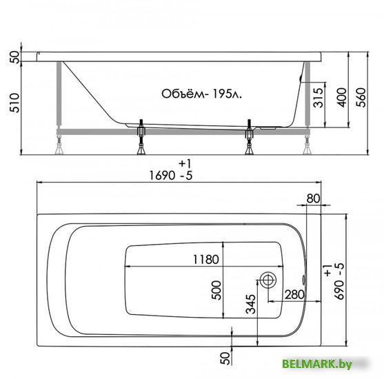 Ванна 1AcReal Gamma 170x70 (с ножками и экраном) - фото2