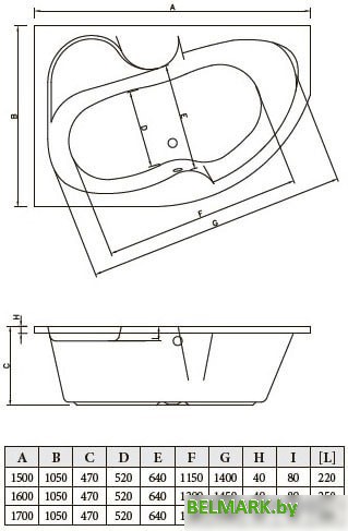 Ванна Bonito Home Arizona 150x105 R (с ножками) - фото2