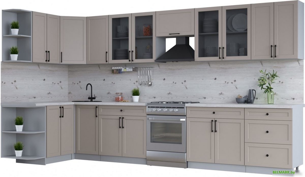 Готовая кухня Интерлиния Тренд 1.5x3.8 левая (луна/луна/бискайская сосна) - фото