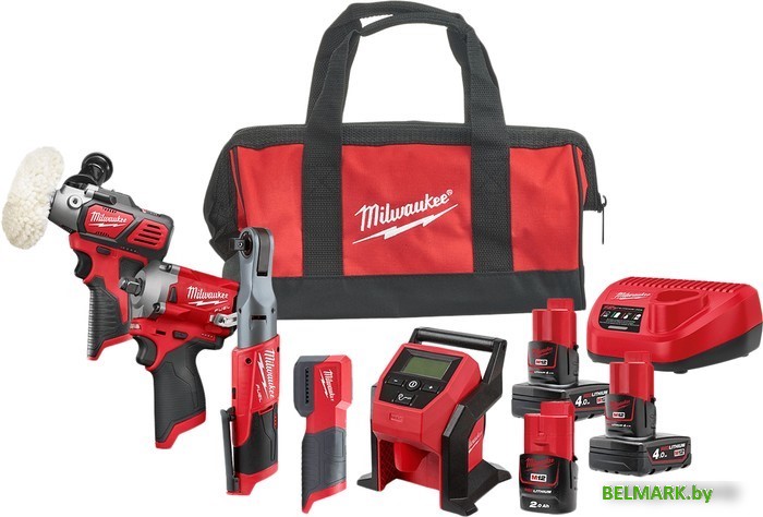 Milwaukee M12 FUEL M12FPP5A-423BEU (шлифмашина, гайковерт, трещотка, фонарь, компрессор, 3 АКБ, сумка) - фото