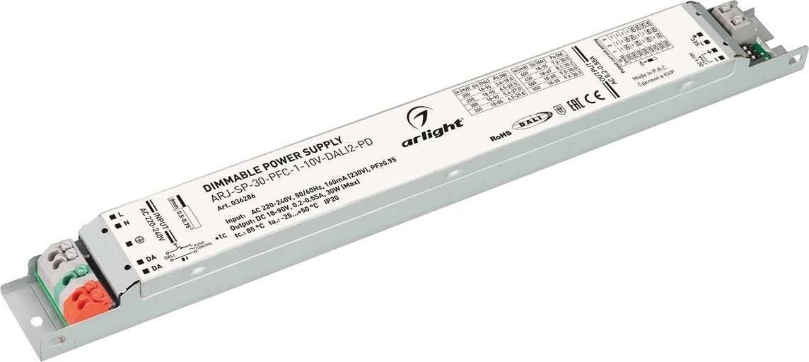 Диммер для одноцветных лент (без RGB) Arlight ARJ-SP-30-PFC-1-10V-Dali2-PD 18-90V 30W IP20 0,2-0,55A 036286 - фото