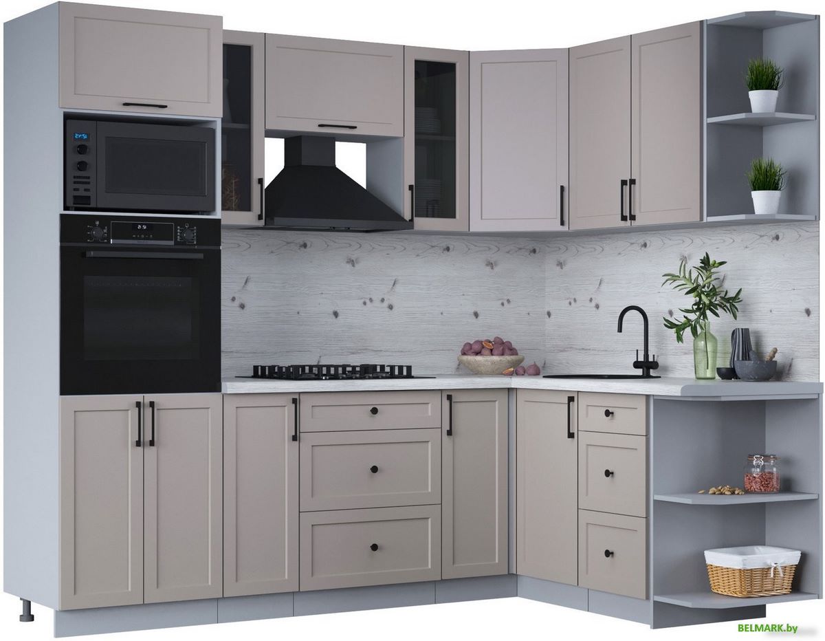 Готовая кухня Интерлиния Тренд 1.68x2.4 ВТ правая (луна/луна/бискайская сосна) - фото