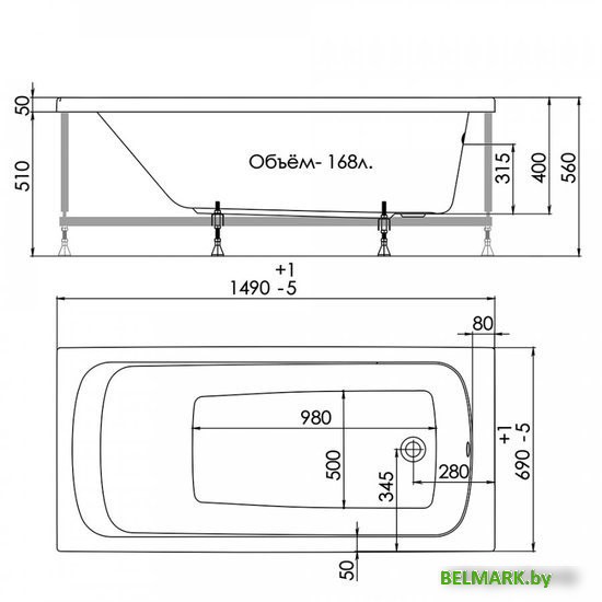Ванна 1AcReal Gamma 150x70 (с ножками и экраном) - фото2