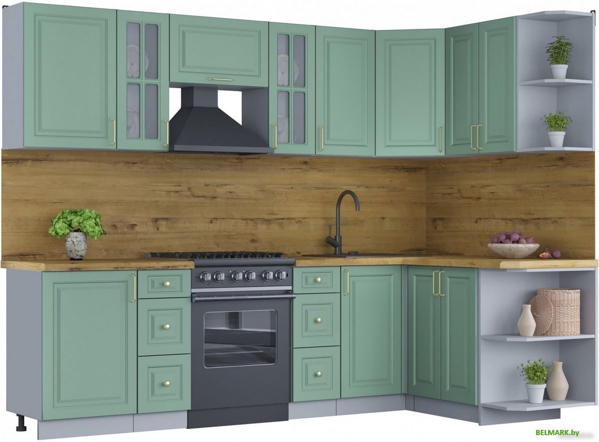 Готовая кухня Интерлиния Мила Шато 1.5x2.7 правая (мята/мята/дуб бунратти) - фото