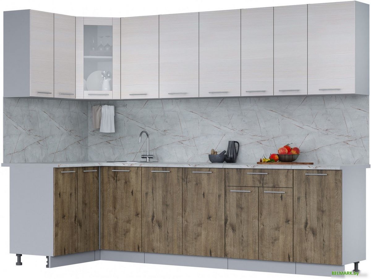 Готовая кухня Интерлиния Мила 12x28 (вудлайн кремовый/дуб веллингтон/серый каспий) - фото