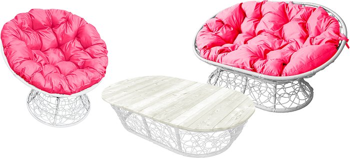 Набор садовой мебели M-Group Мамасан, Папасан и стол 12140108 (белый ротанг/розовая подушка) - фото