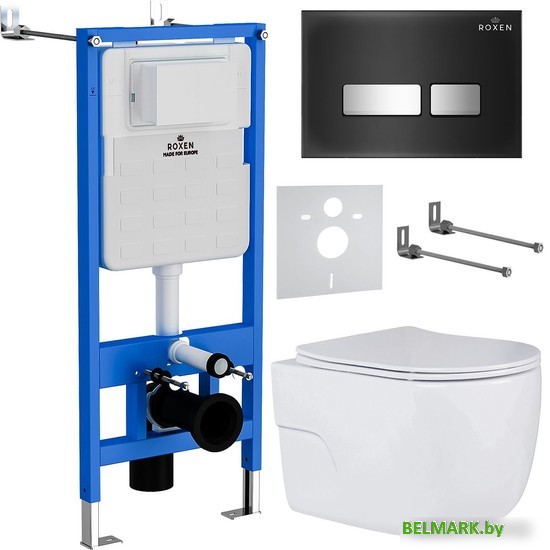 Унитаз подвесной Roxen Porto One Rimless 6 в 1 StounFix Dual Fresh 646666 (чёрное стекло) - фото