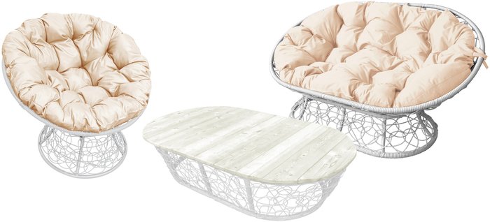 Набор садовой мебели M-Group Мамасан, Папасан и стол 12140101 (белый ротанг/бежевая подушка) - фото